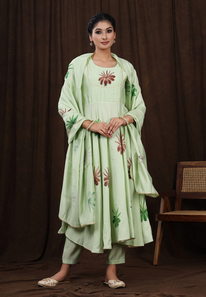 Nature’s Touch Hand-Printed Florals on Pastel Green Modal Silk