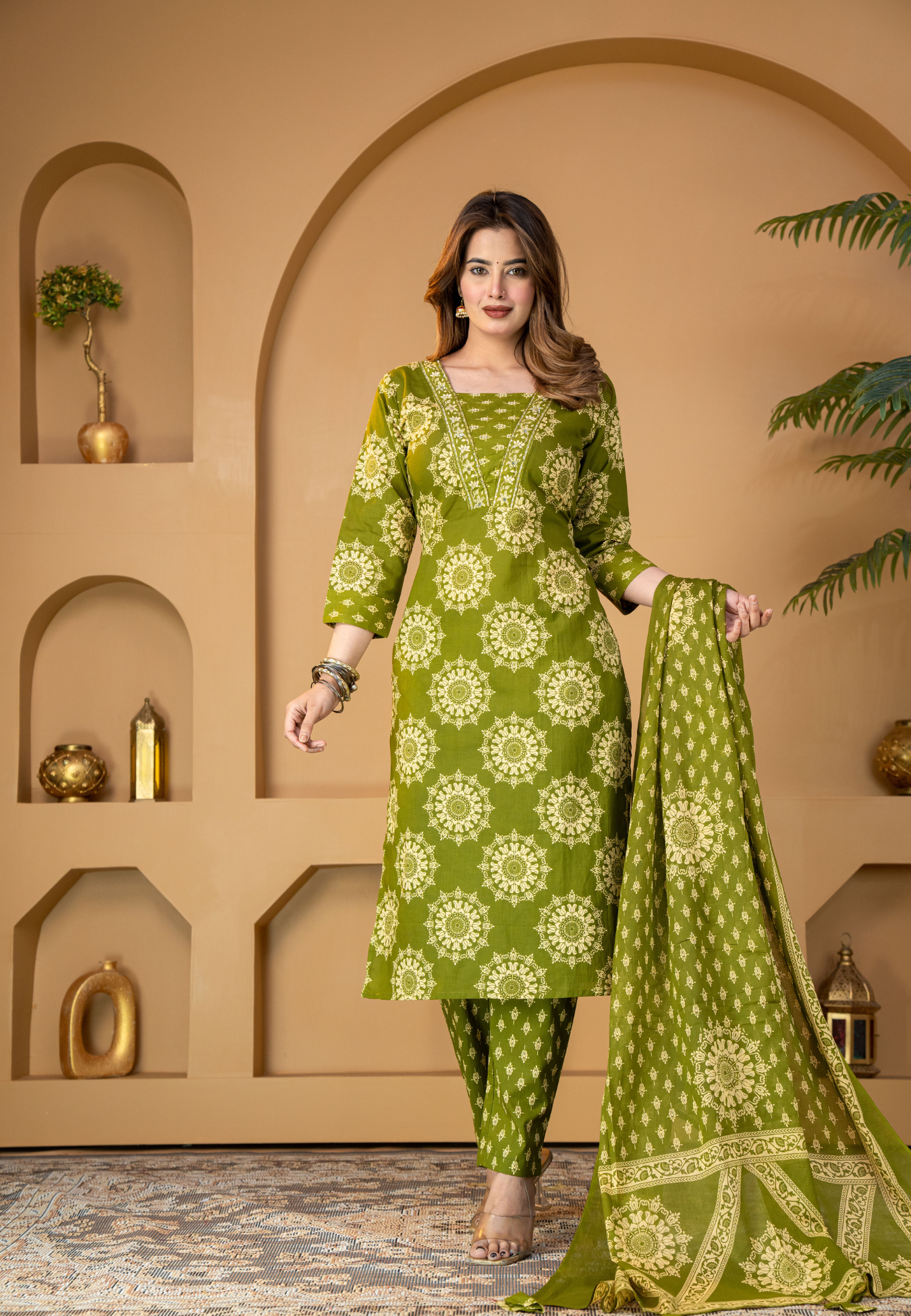 Olive Green Floral Printed Kurta Set with Dupatta