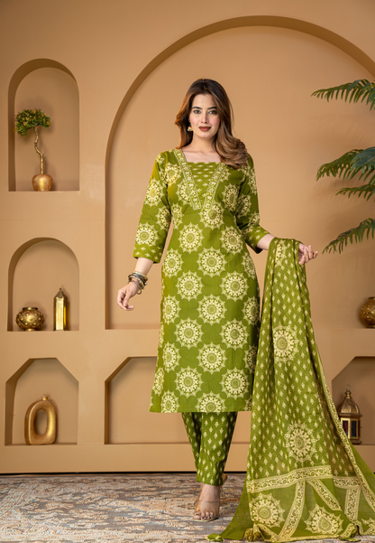 Olive Green Floral Printed Kurta Set with Dupatta