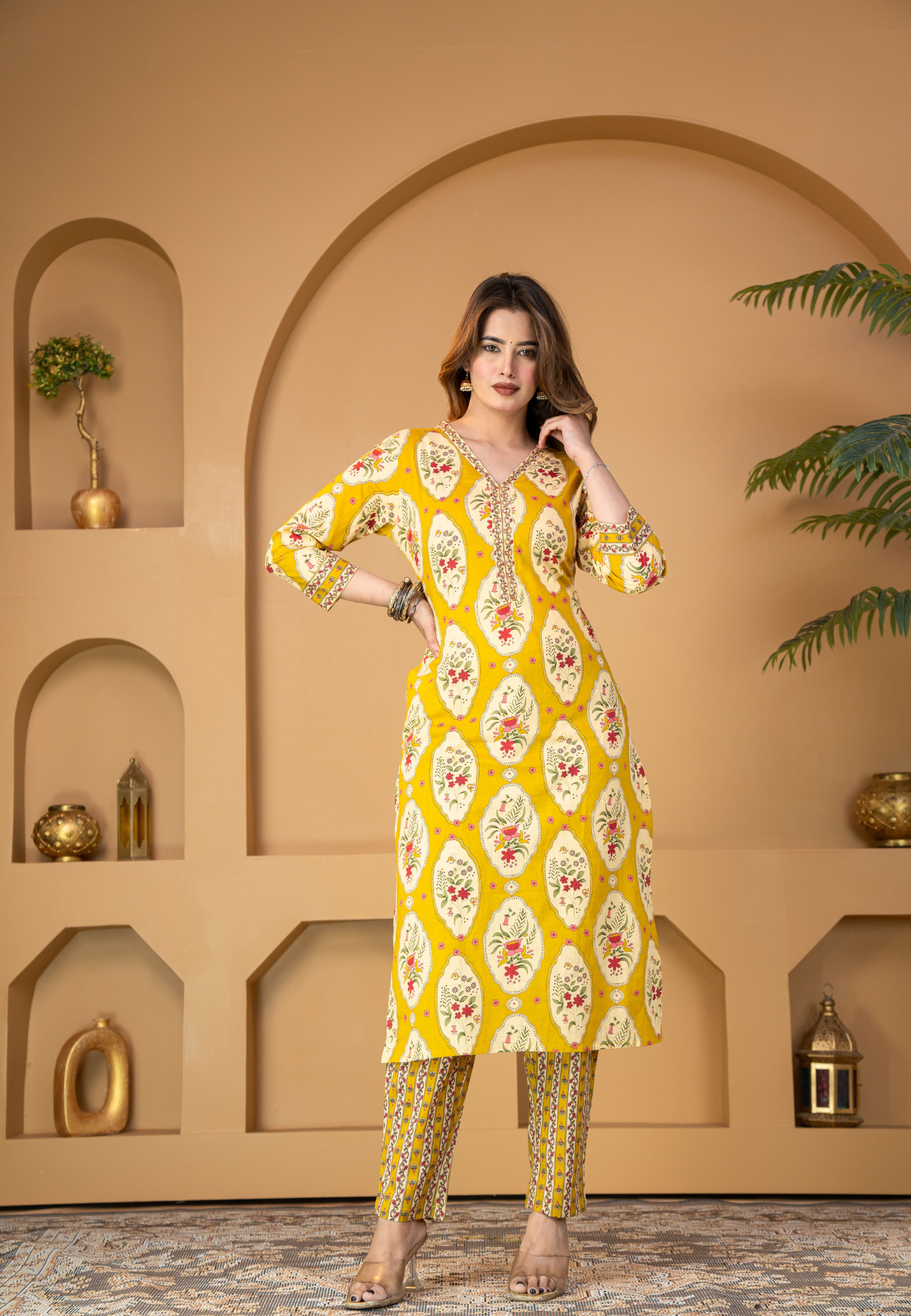 Yellow Ethnic Kurta Set with Floral Motifs & Dupatta
