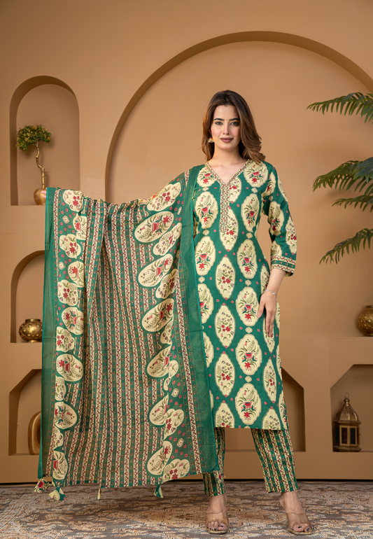 Emerald Green Floral Printed Kurta Set with Dupatta