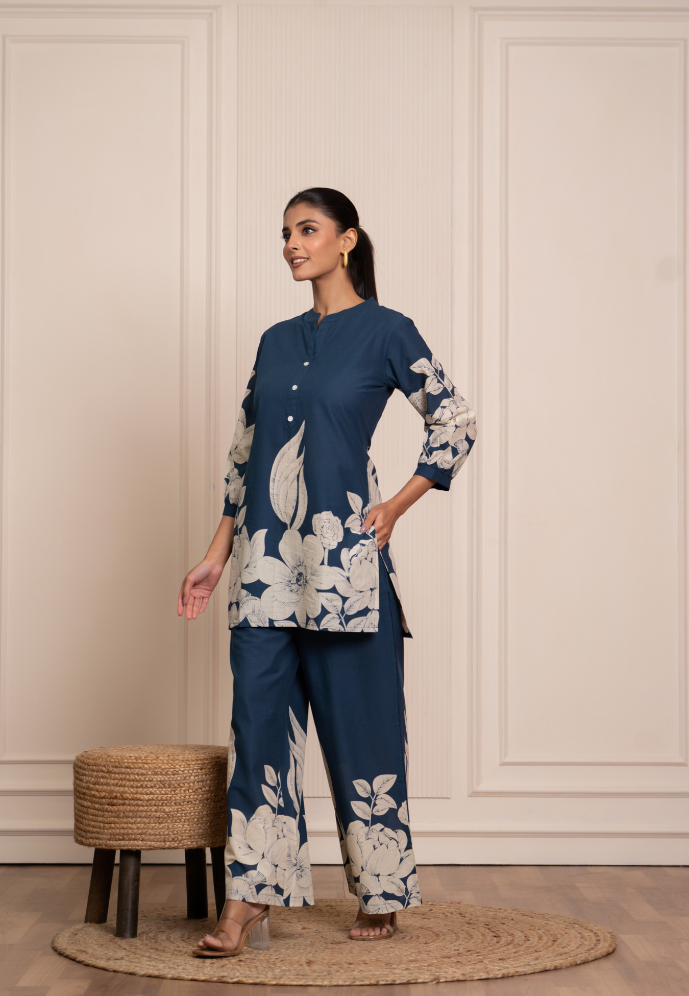 Teal Blue Co-Ord Set with Ivory Floral Prints