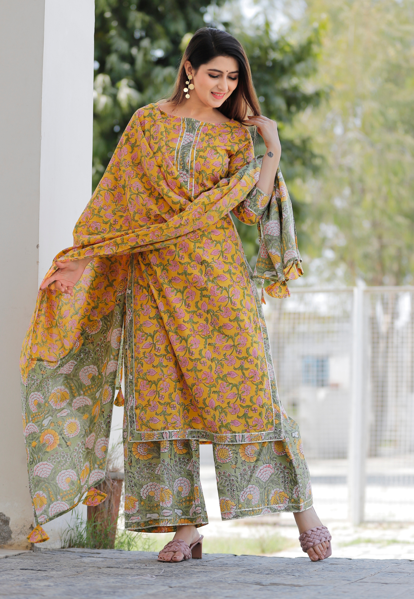 Mustard Hand Block Printed Kurta Set
