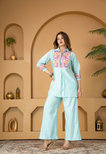Aqua Blue Muslin Silk Co-Ords Set