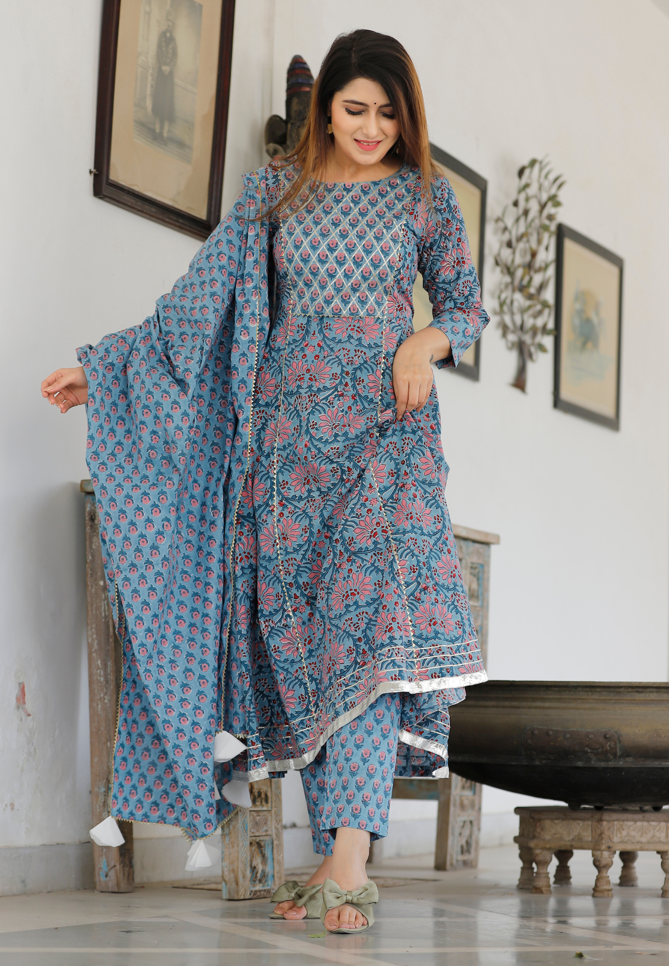 Dodge Blue Hand Block Printed Anarkali Set