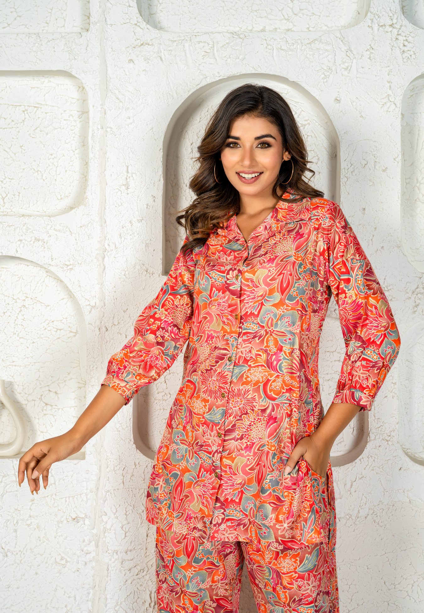 Radiant Elegance in Coral Red Rayon Co-ord Set