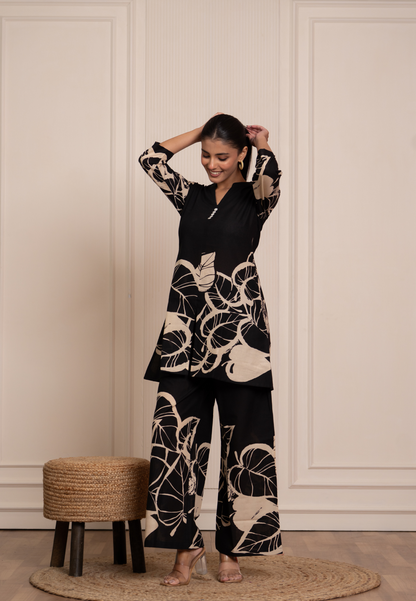 Classic Black Co-Ord Set with Bold Beige Leaf Prints
