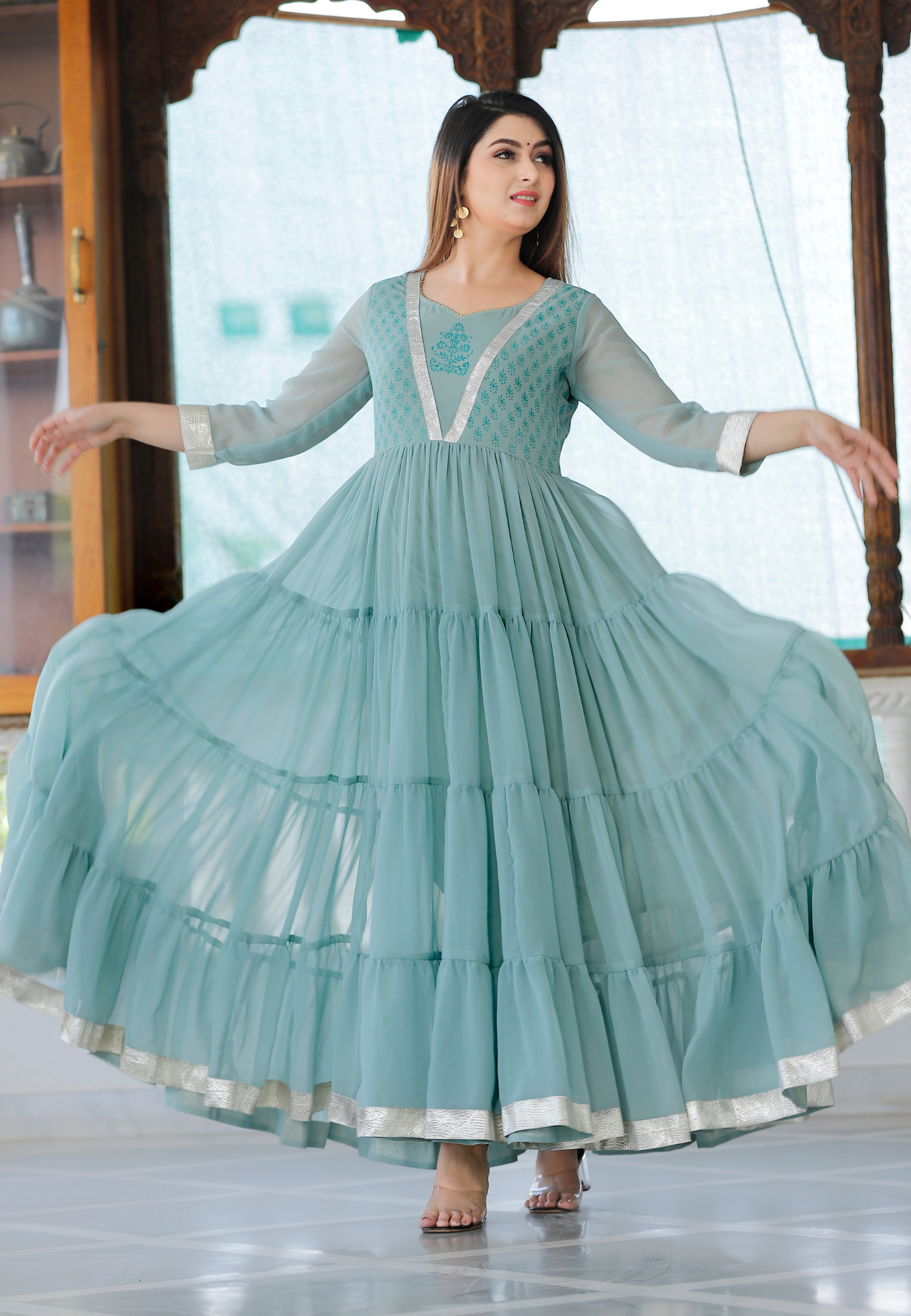 Sea Green Hand Block Printed Tier Dress