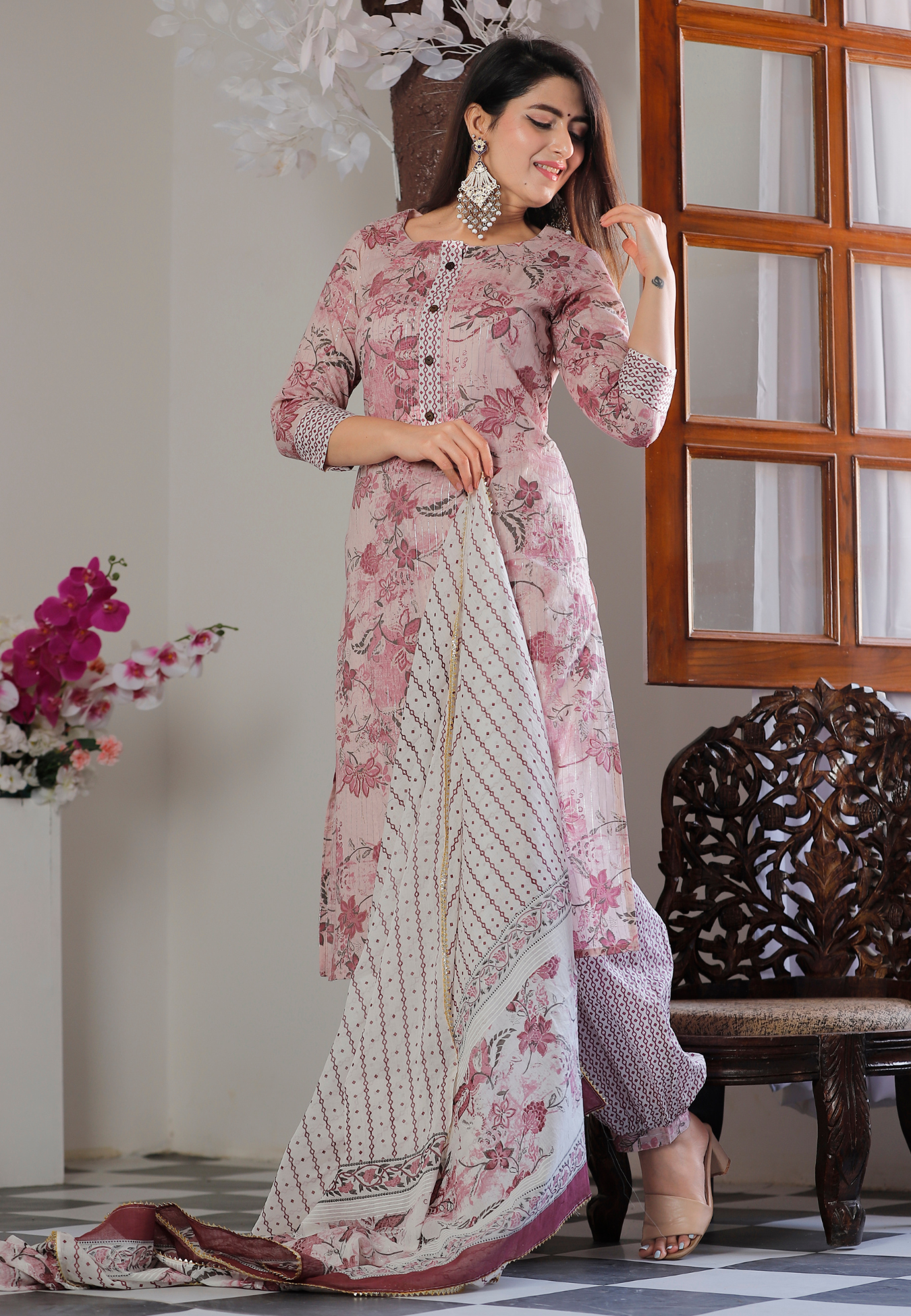 Handcrafted Floral Printed Cotton Kurta Set