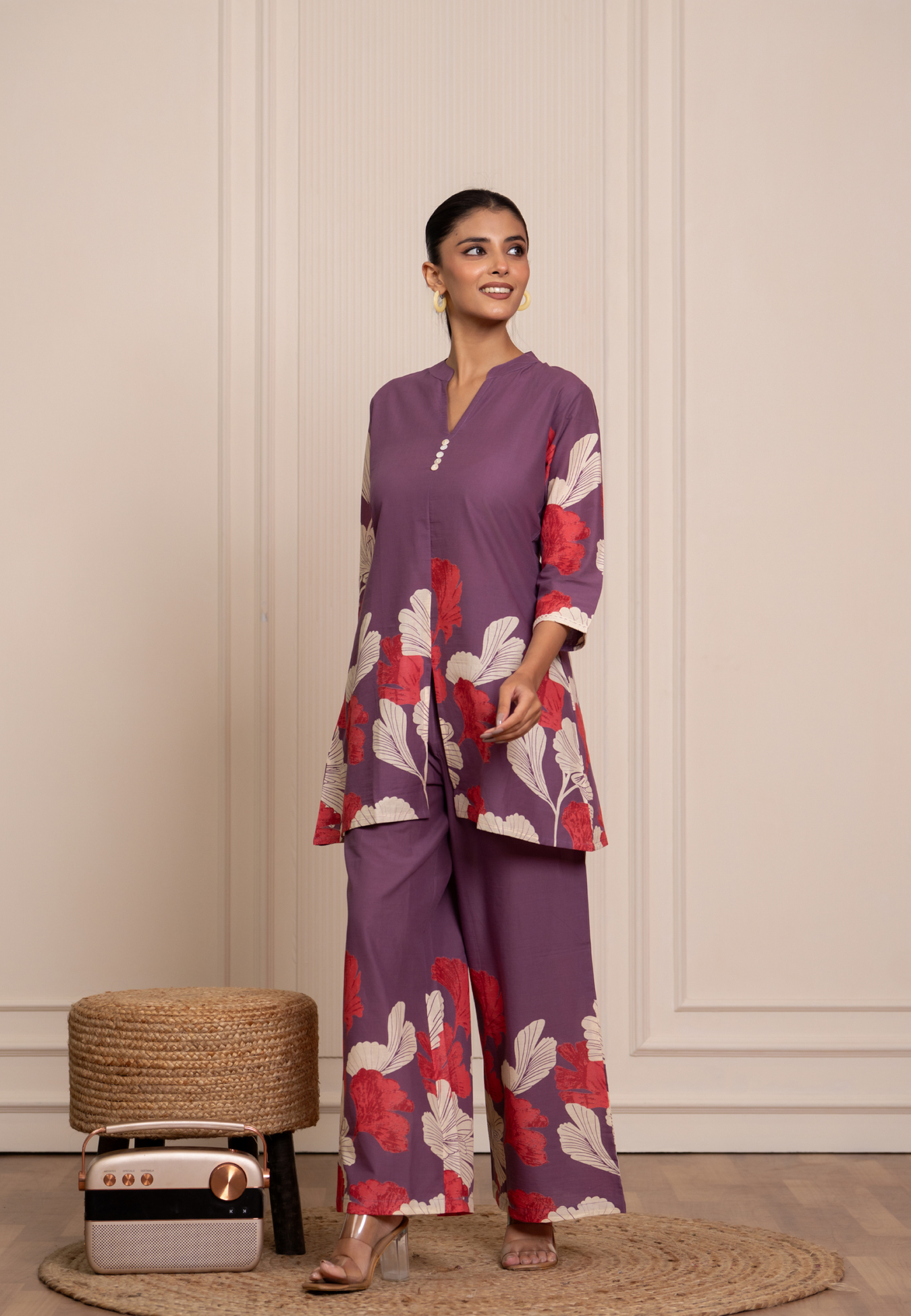 Vibrant Lavender Ensemble with Red Blossoms & Off-White Leaf Motifs