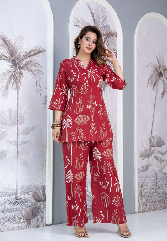 Red Botanical Printed Cotton Co-Ord Set