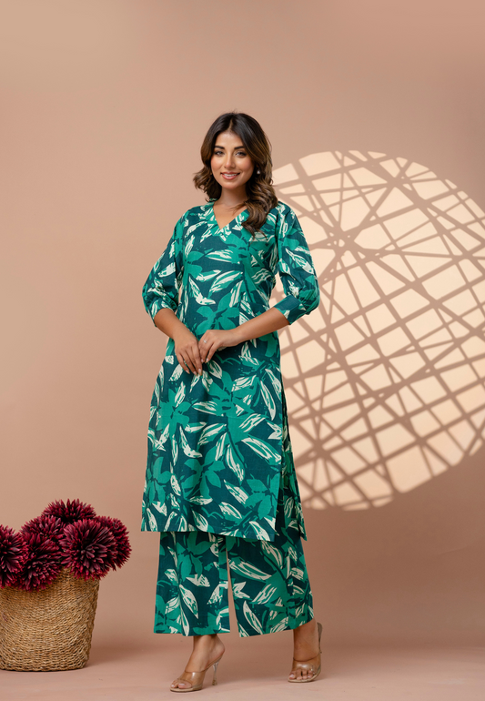 Elegant Green Leaf-Printed Cotton Kurta Set