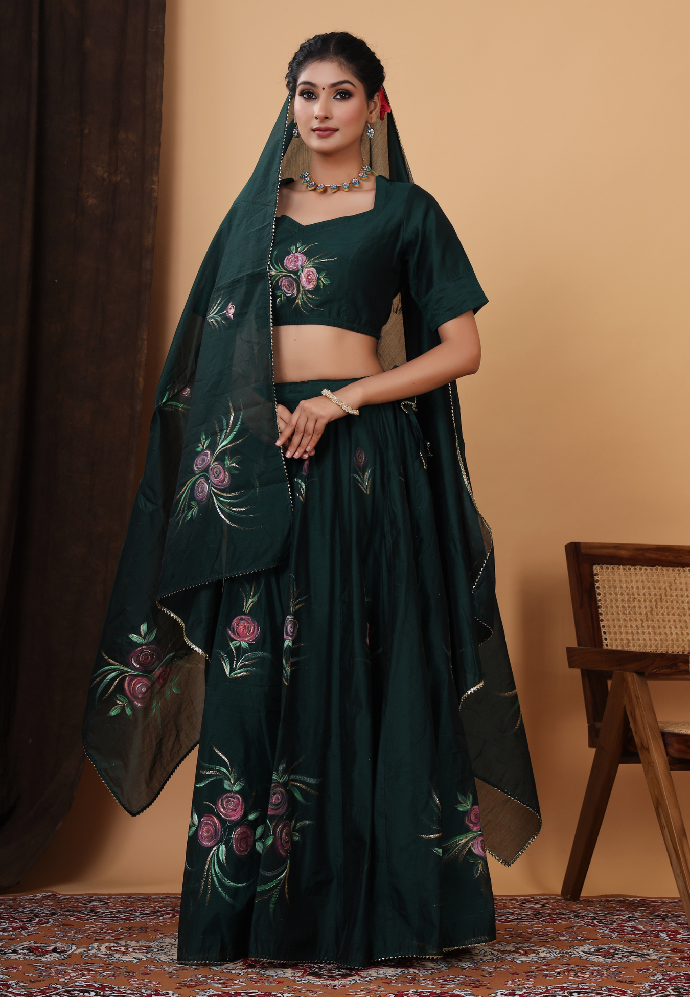 Formal Bottle Green Handpainted Lehenga Set