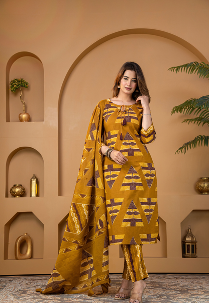 Mustard Geometric Printed Kurta Set with Dupatta