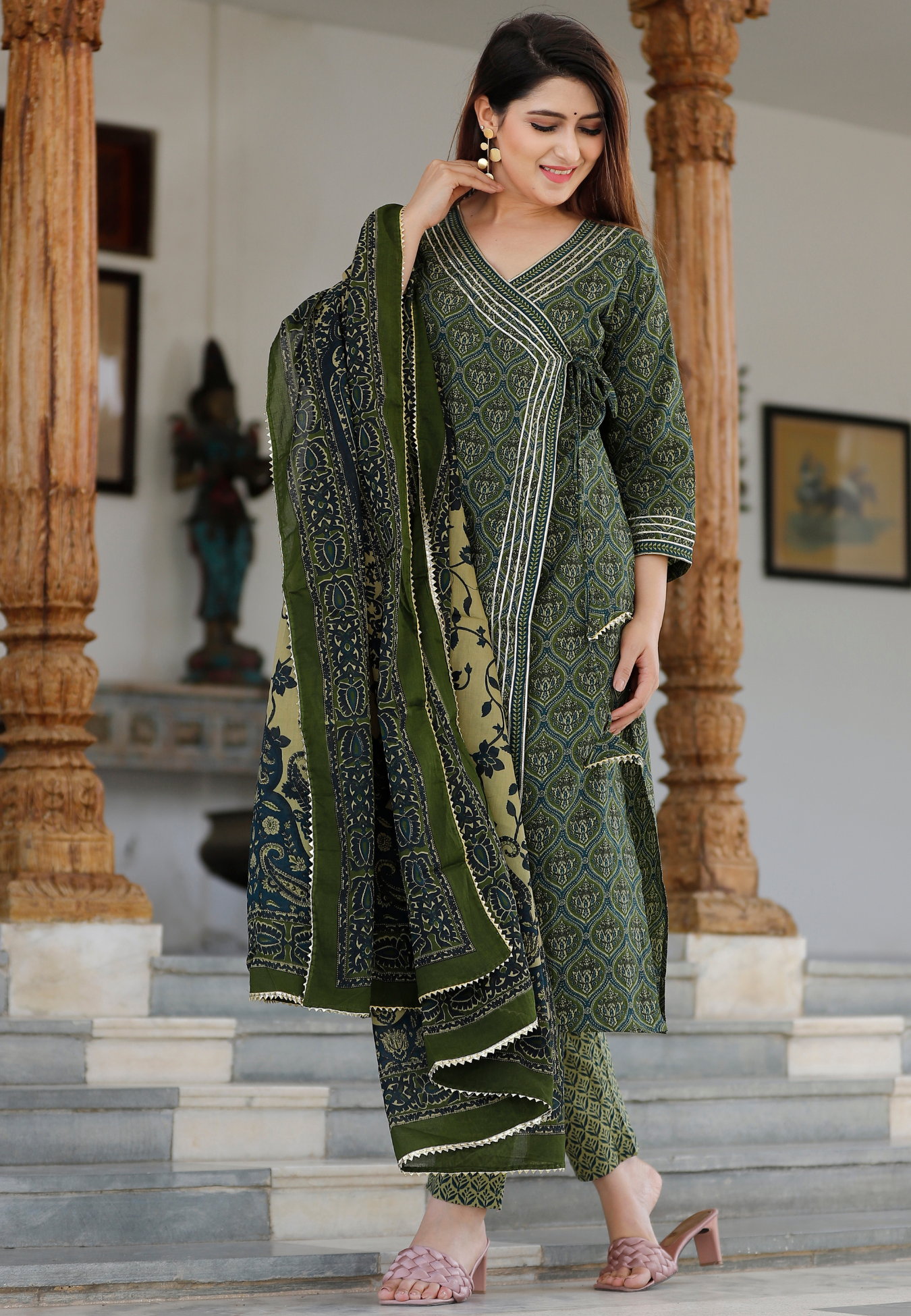 Dark Green Floral Printed Angrakha Kurta Set.