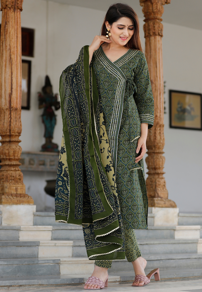 Dark Green Floral Printed Angrakha Kurta Set.