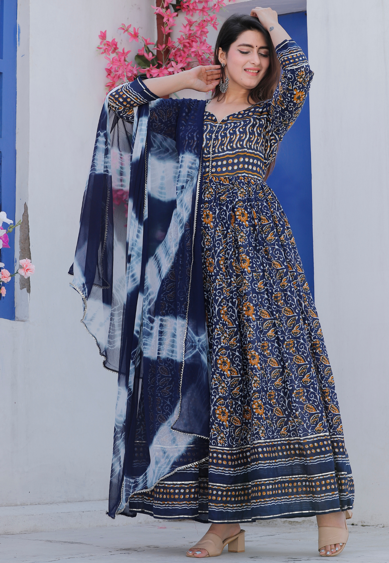 Indigo Floral Printed Dress Set