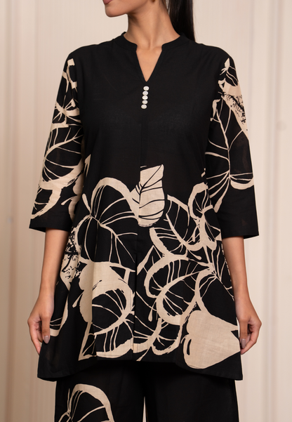 Classic Black Co-Ord Set with Bold Beige Leaf Prints