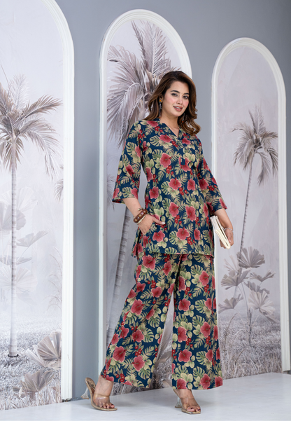 Navy Blue Floral Lounge Co-Ord Set