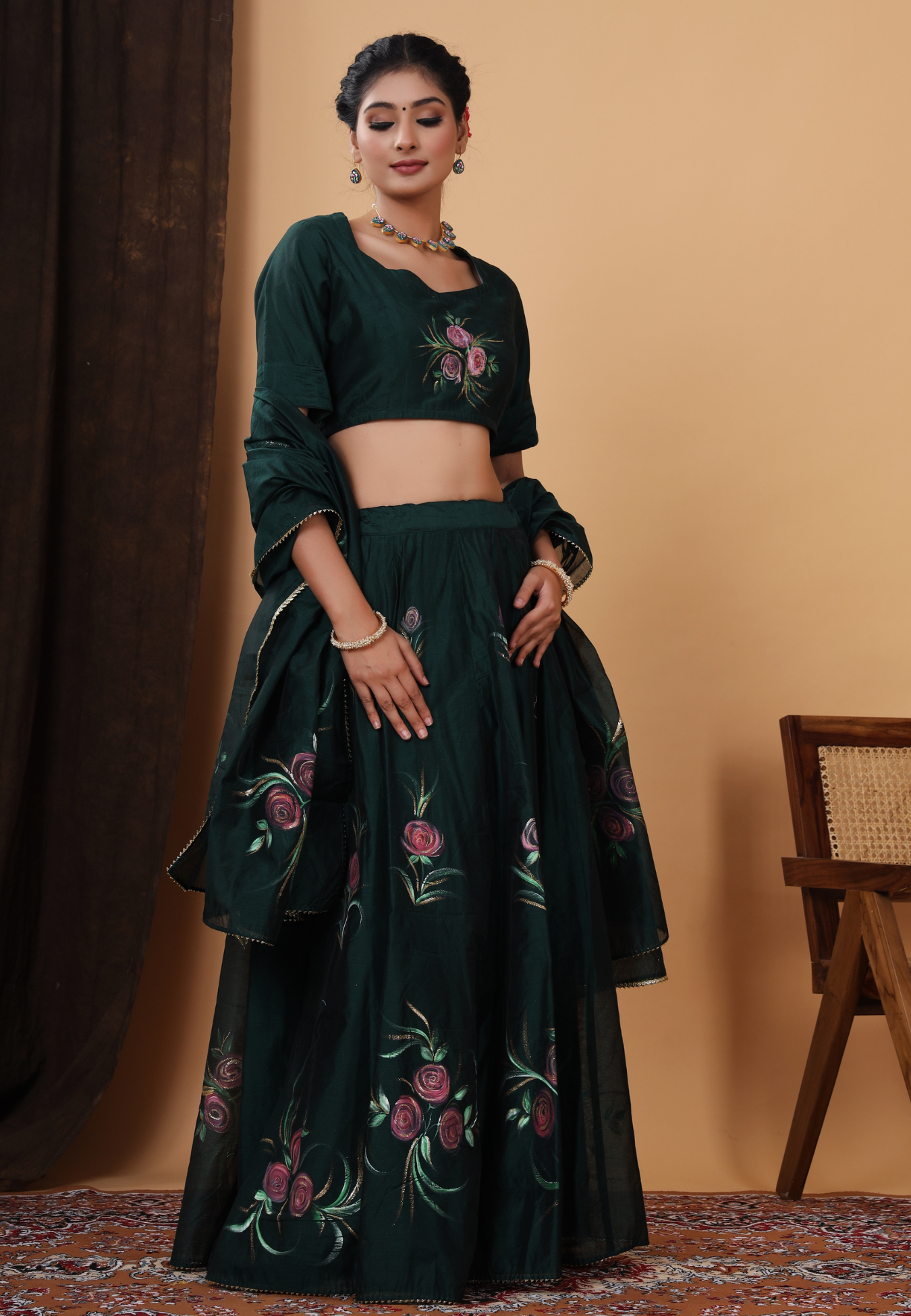 Formal Bottle Green Handpainted Lehenga Set
