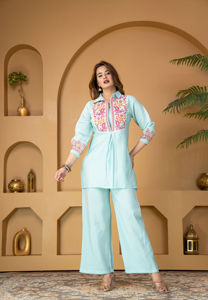 Aqua Blue Muslin Silk Co-Ords Set