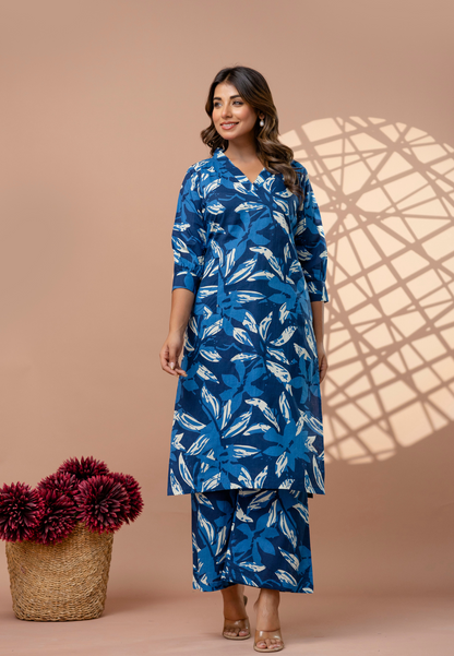 Bold & Beautiful in Blue Leaf Print Cotton Kurta Set
