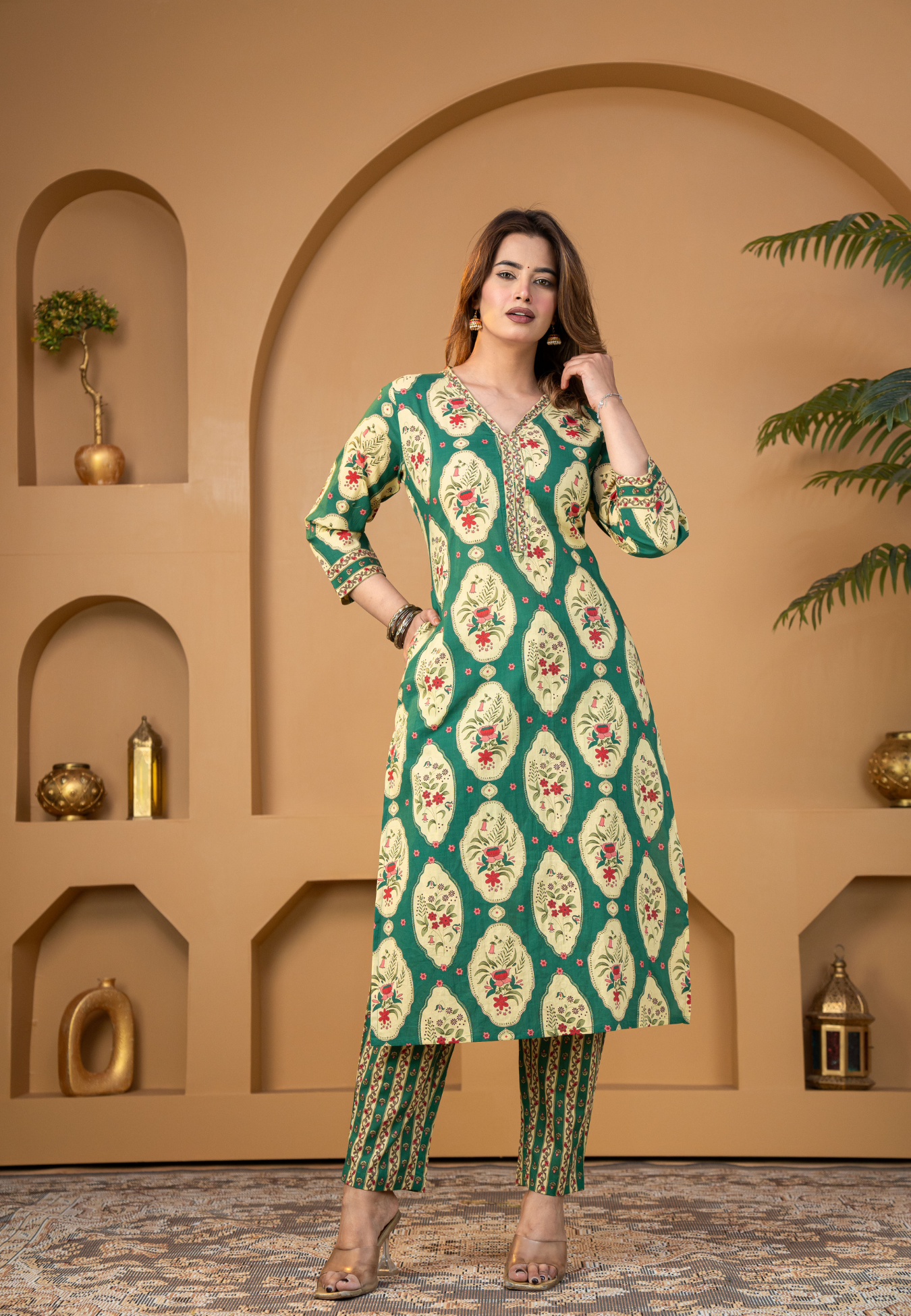 Emerald Green Floral Printed Kurta Set with Dupatta