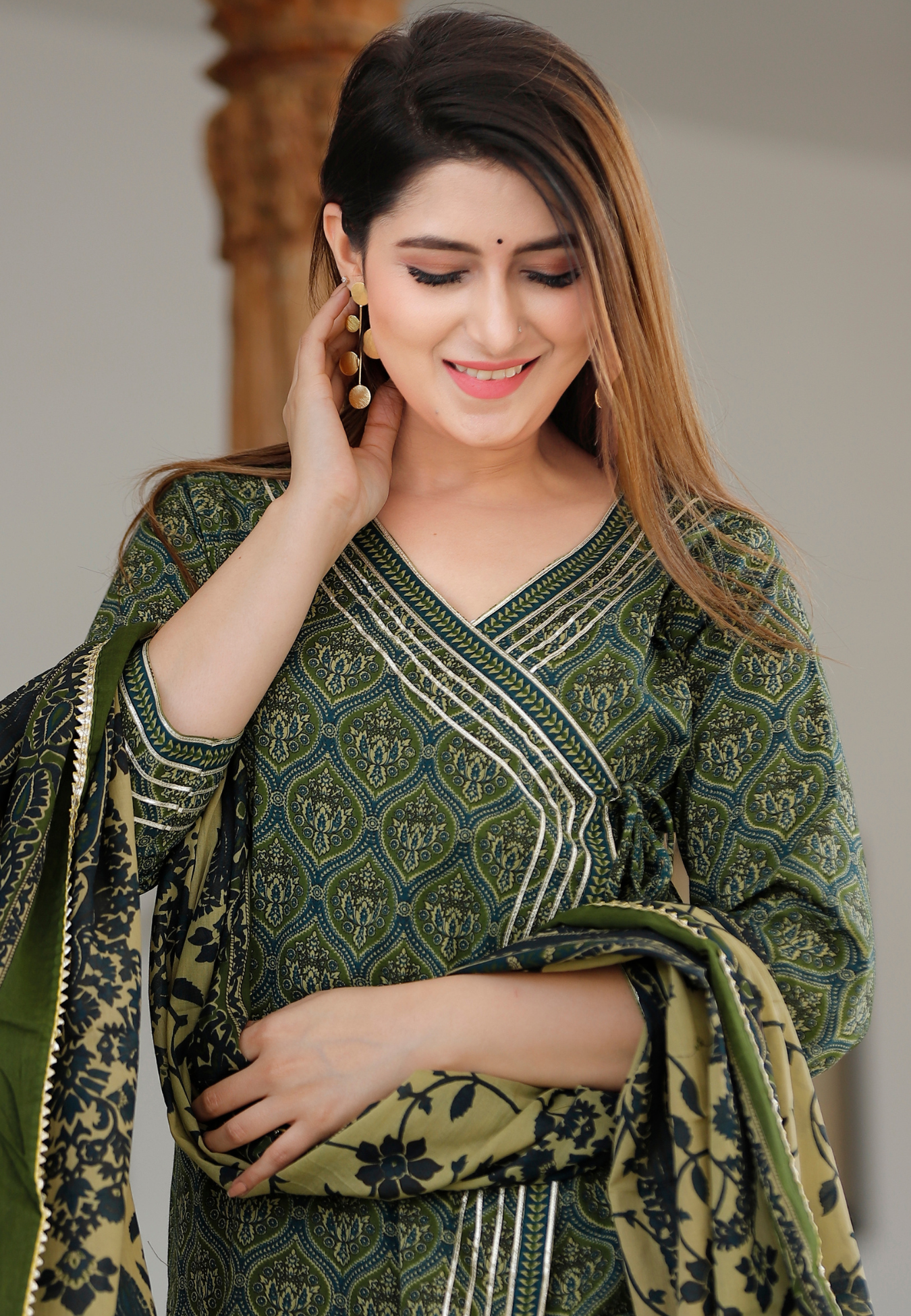 Dark Green Floral Printed Angrakha Kurta Set.