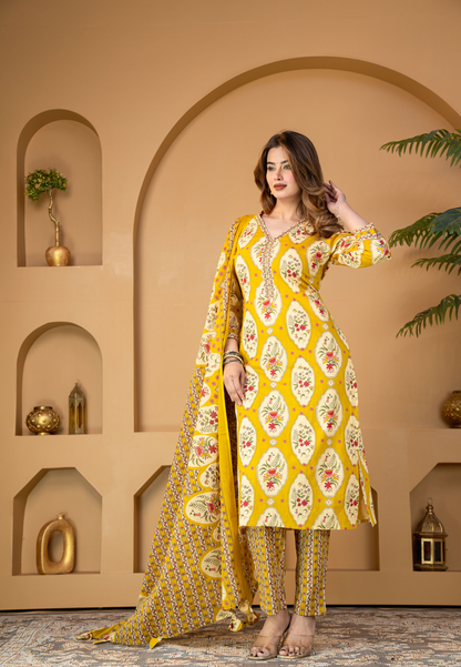 Yellow Ethnic Kurta Set with Floral Motifs & Dupatta