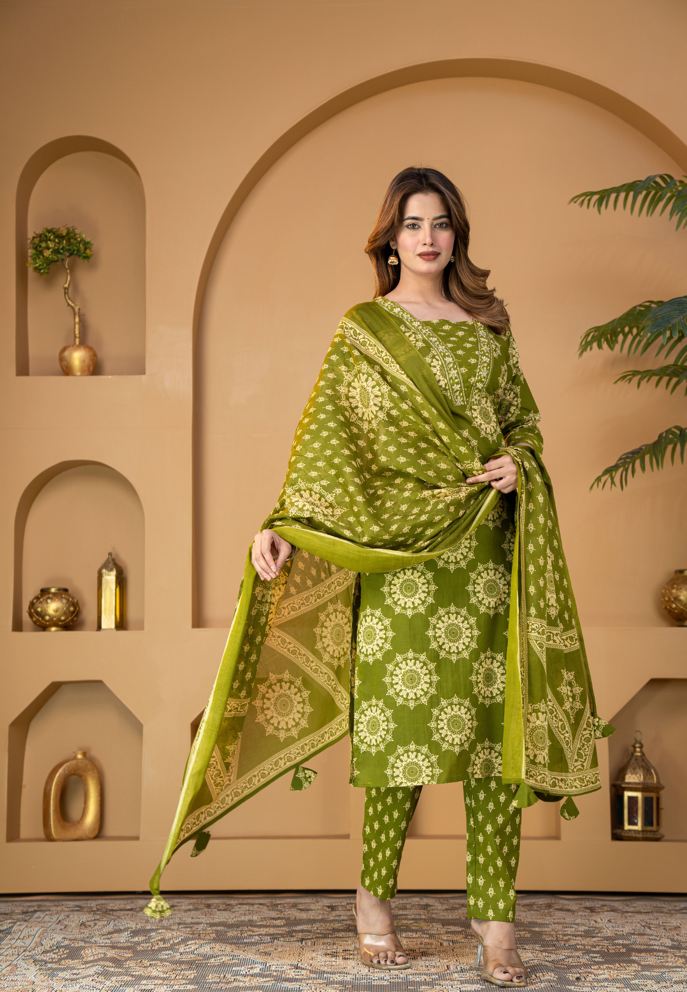 Olive Green Floral Printed Kurta Set with Dupatta