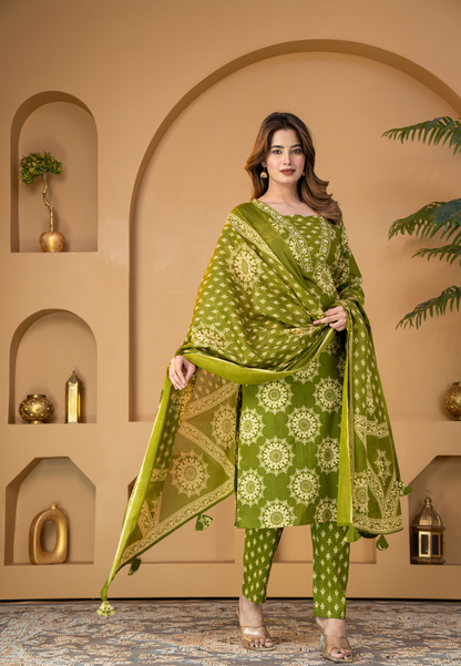 Olive Green Floral Printed Kurta Set with Dupatta
