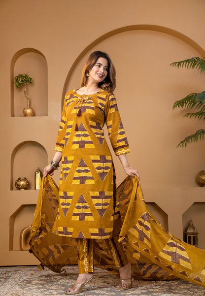 Mustard Geometric Printed Kurta Set with Dupatta