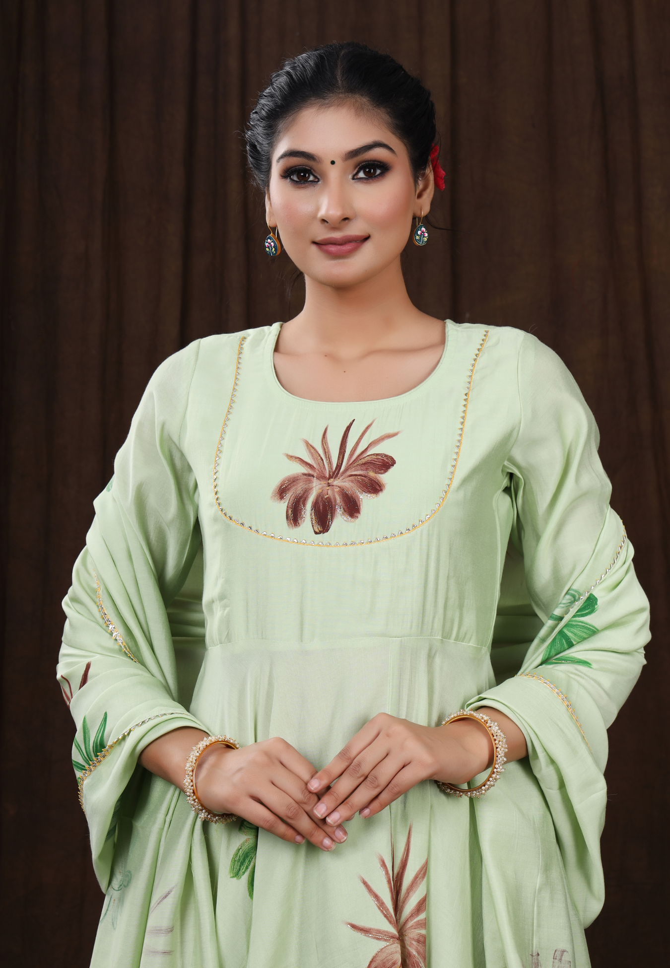 Nature’s Touch Hand-Printed Florals on Pastel Green Modal Silk