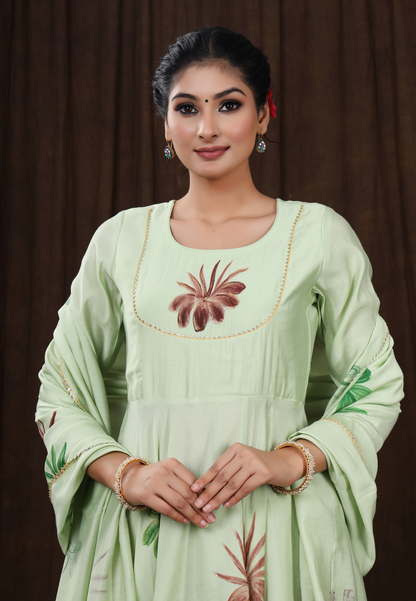 Nature’s Touch Hand-Printed Florals on Pastel Green Modal Silk
