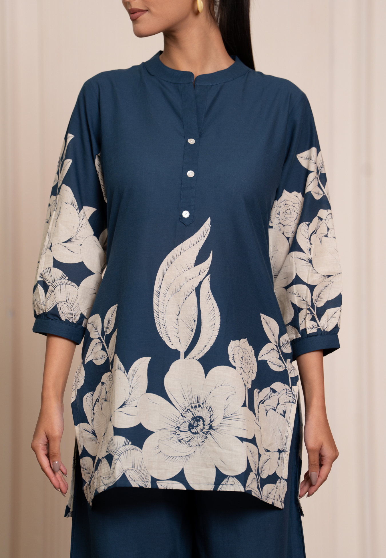 Teal Blue Co-Ord Set with Ivory Floral Prints