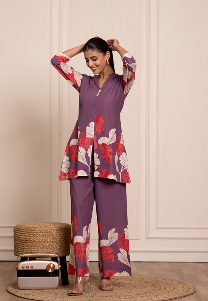 Vibrant Lavender Ensemble with Red Blossoms & Off-White Leaf Motifs