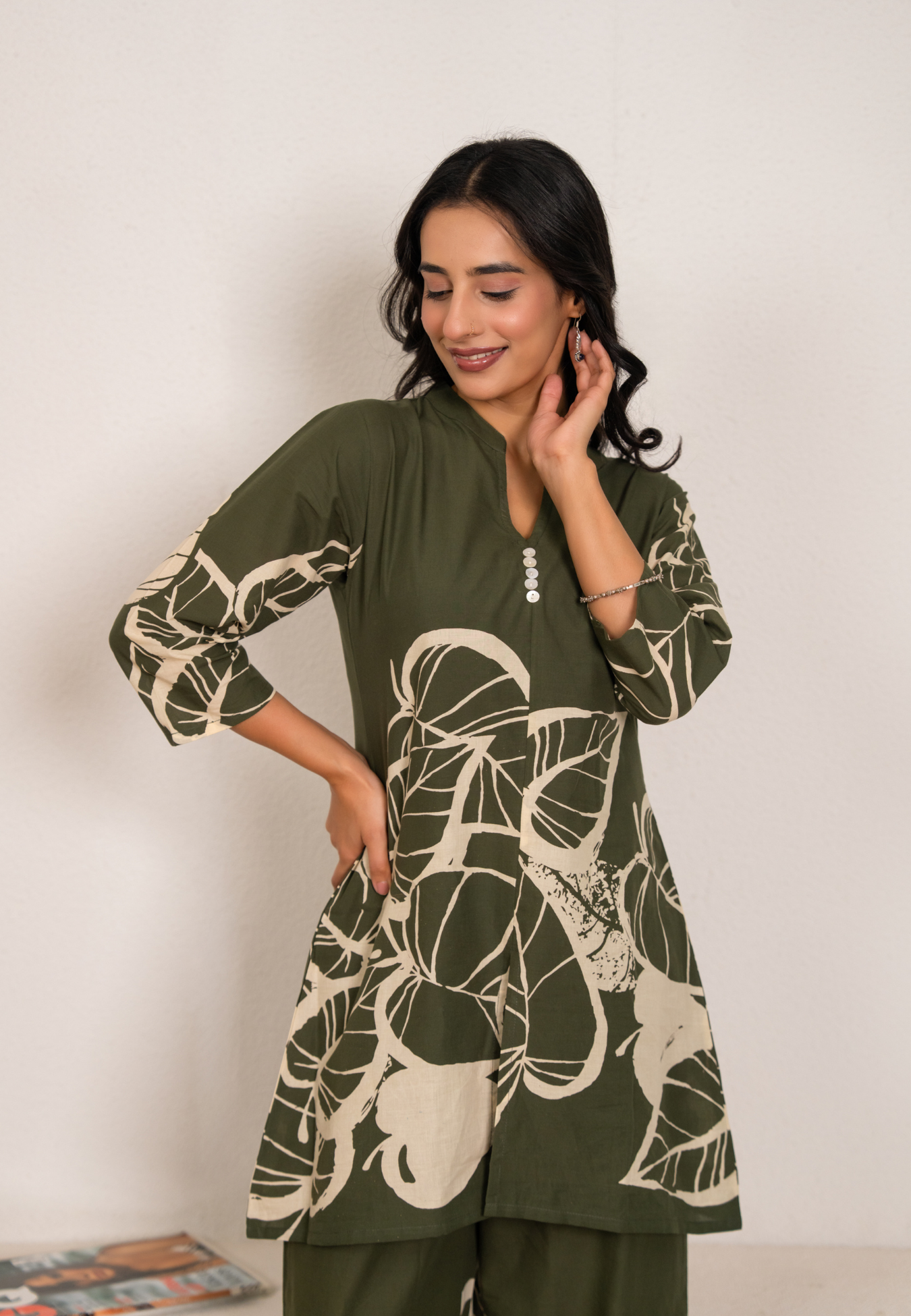 Pure Cotton Olive Green Leaf Printed Co-ord set