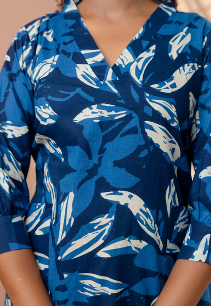 Bold & Beautiful in Blue Leaf Print Cotton Kurta Set