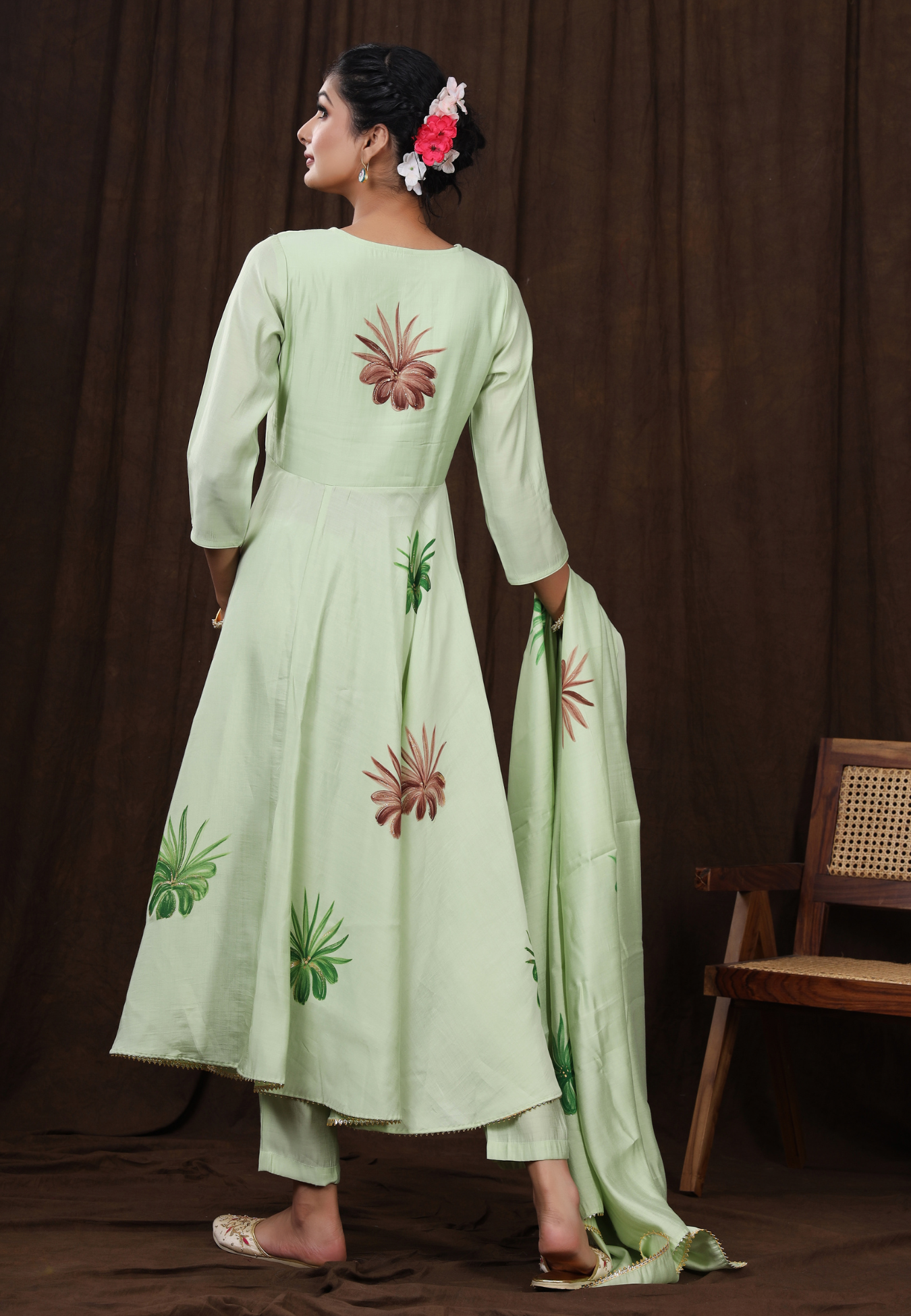 Nature’s Touch Hand-Printed Florals on Pastel Green Modal Silk