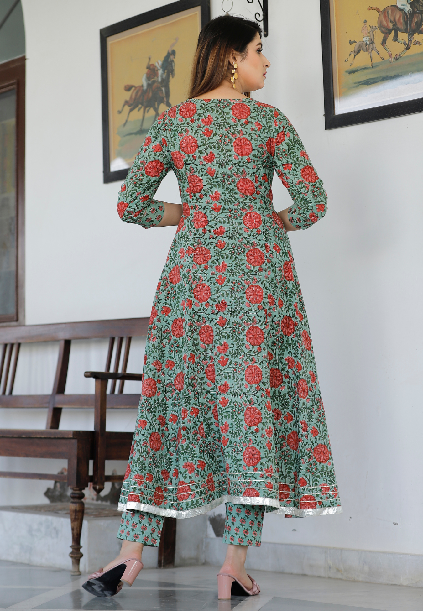 Light Green Hand Block Printed Anarkali Set
