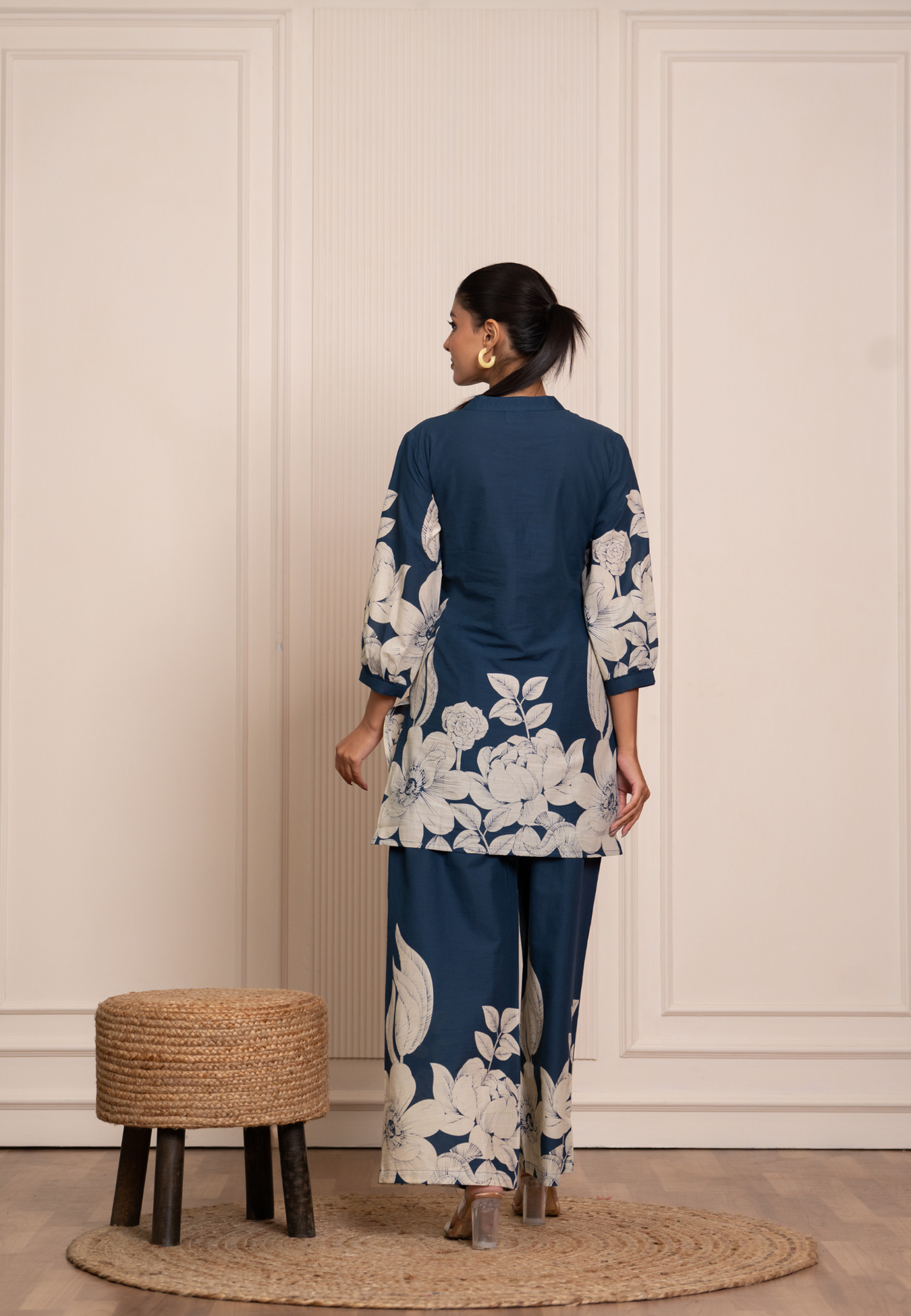 Teal Blue Co-Ord Set with Ivory Floral Prints