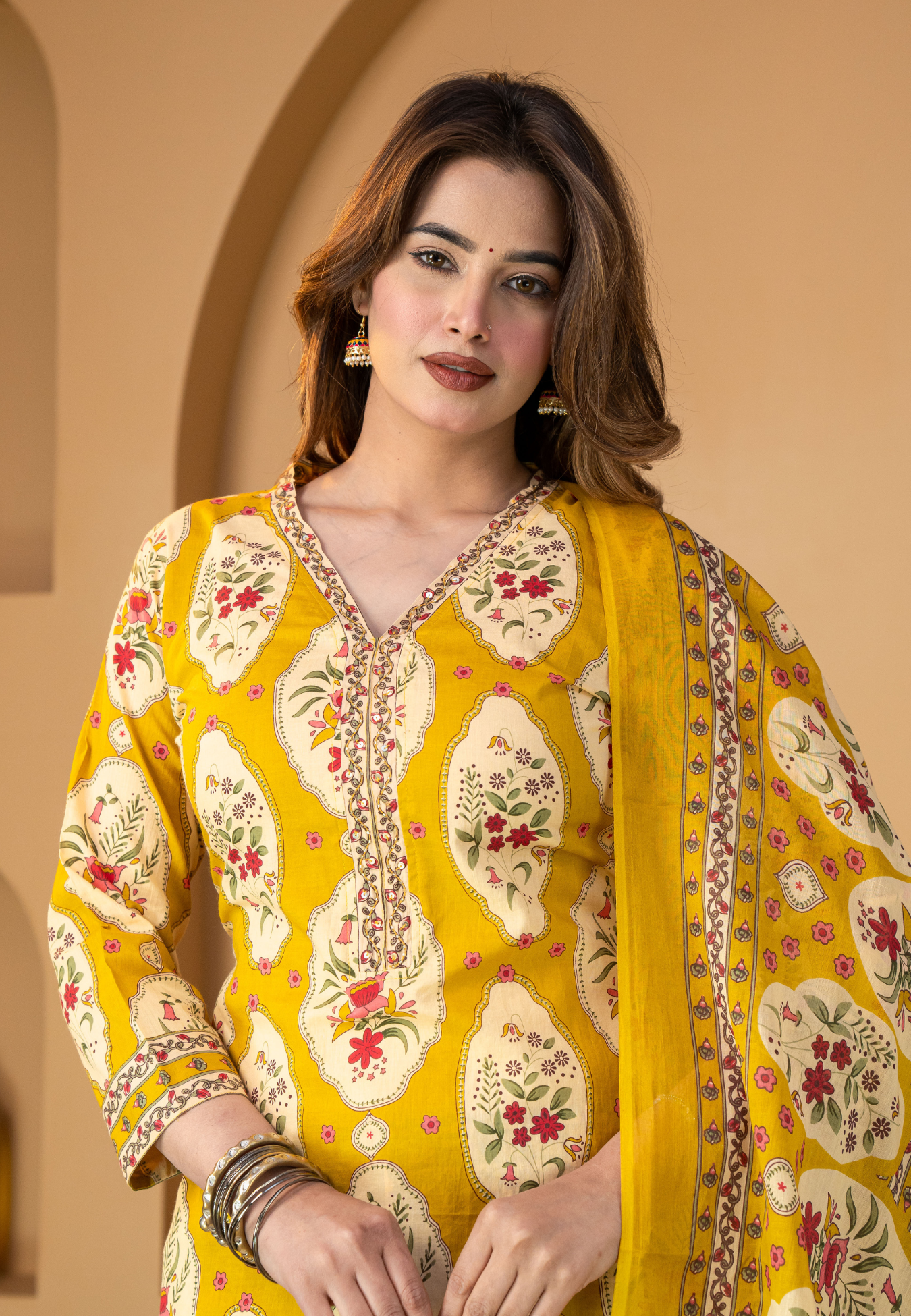 Yellow Ethnic Kurta Set with Floral Motifs & Dupatta