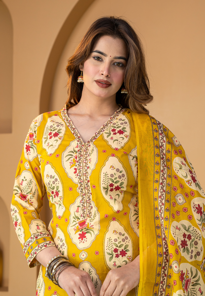 Yellow Ethnic Kurta Set with Floral Motifs & Dupatta