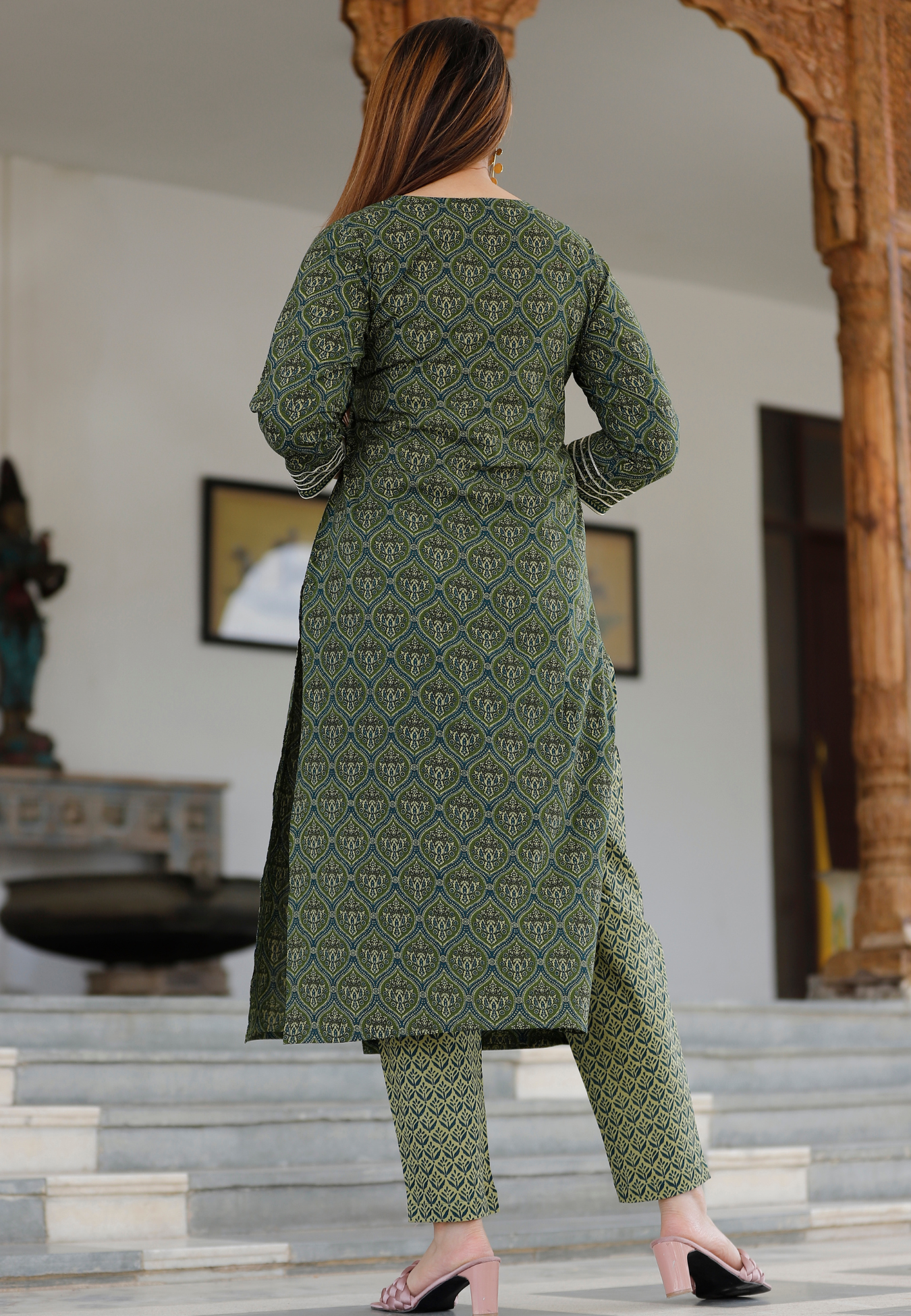 Dark Green Floral Printed Angrakha Kurta Set.
