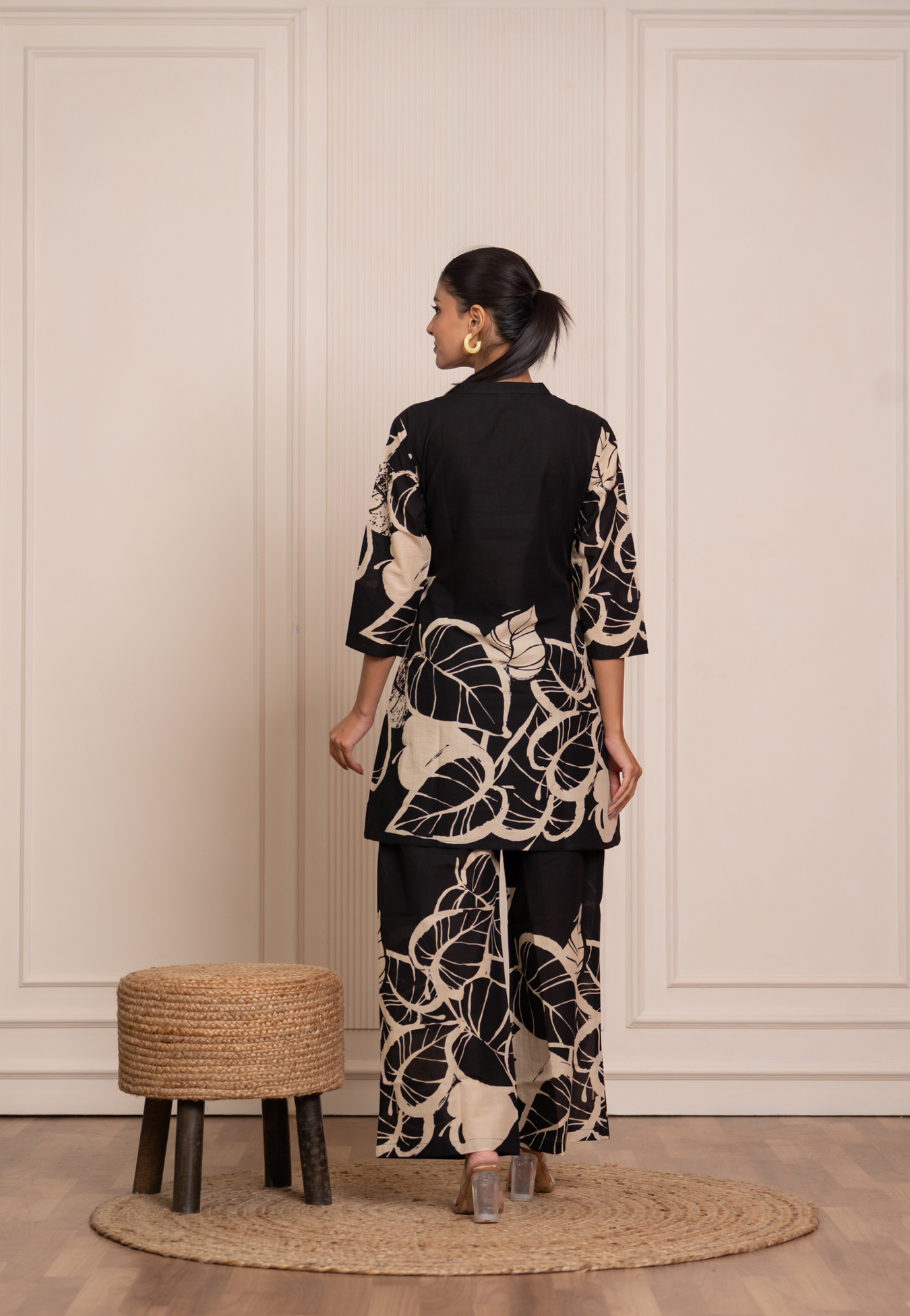 Classic Black Co-Ord Set with Bold Beige Leaf Prints