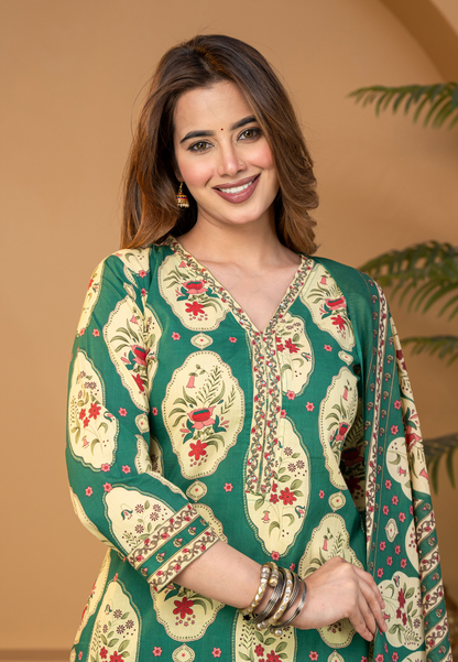 Emerald Green Floral Printed Kurta Set with Dupatta