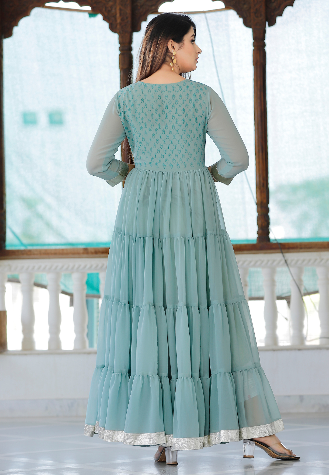 Sea Green Hand Block Printed Tier Dress