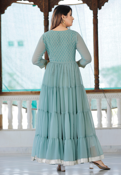 Sea Green Hand Block Printed Tier Dress