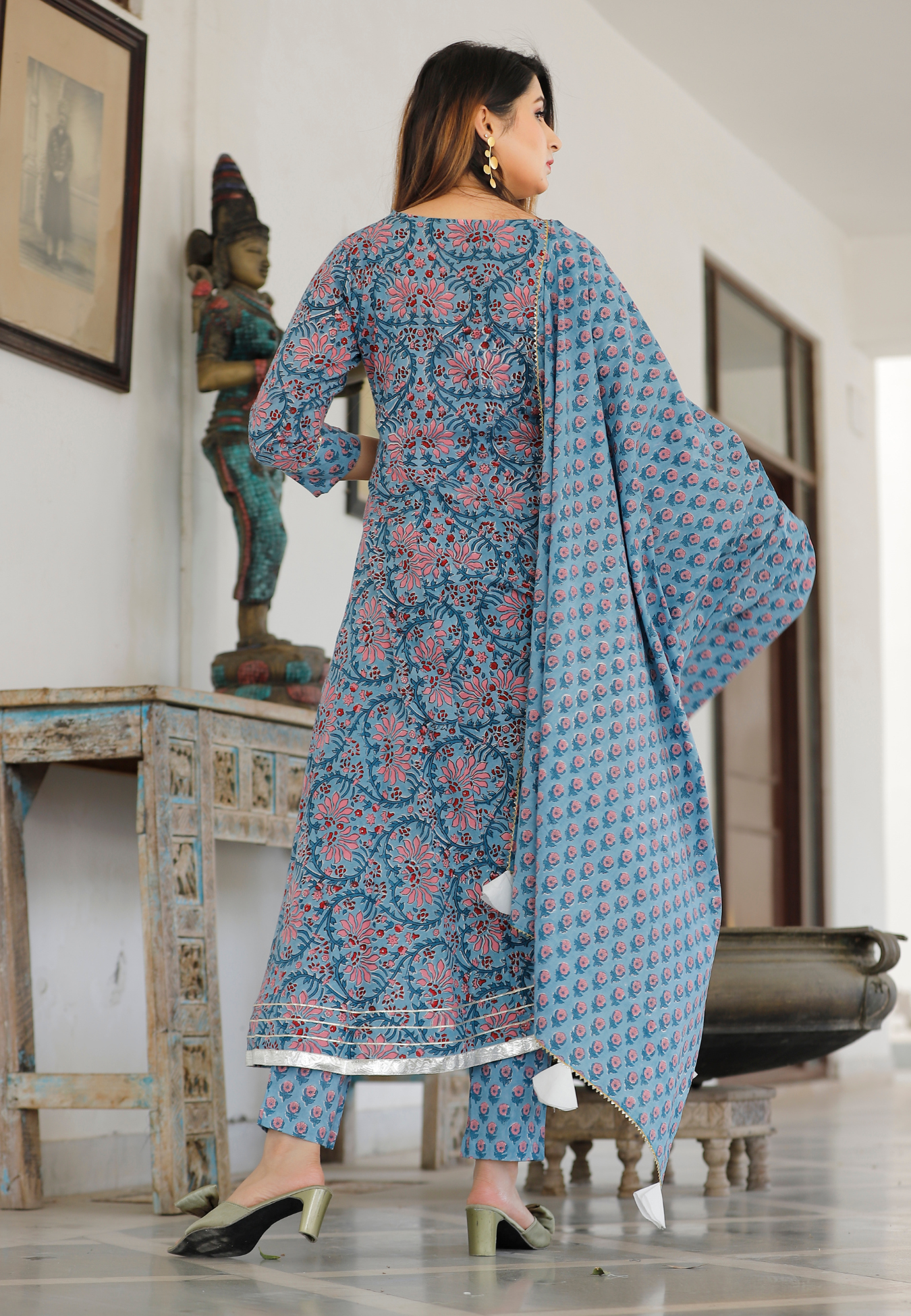Dodge Blue Hand Block Printed Anarkali Set