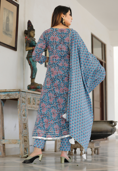 Dodge Blue Hand Block Printed Anarkali Set